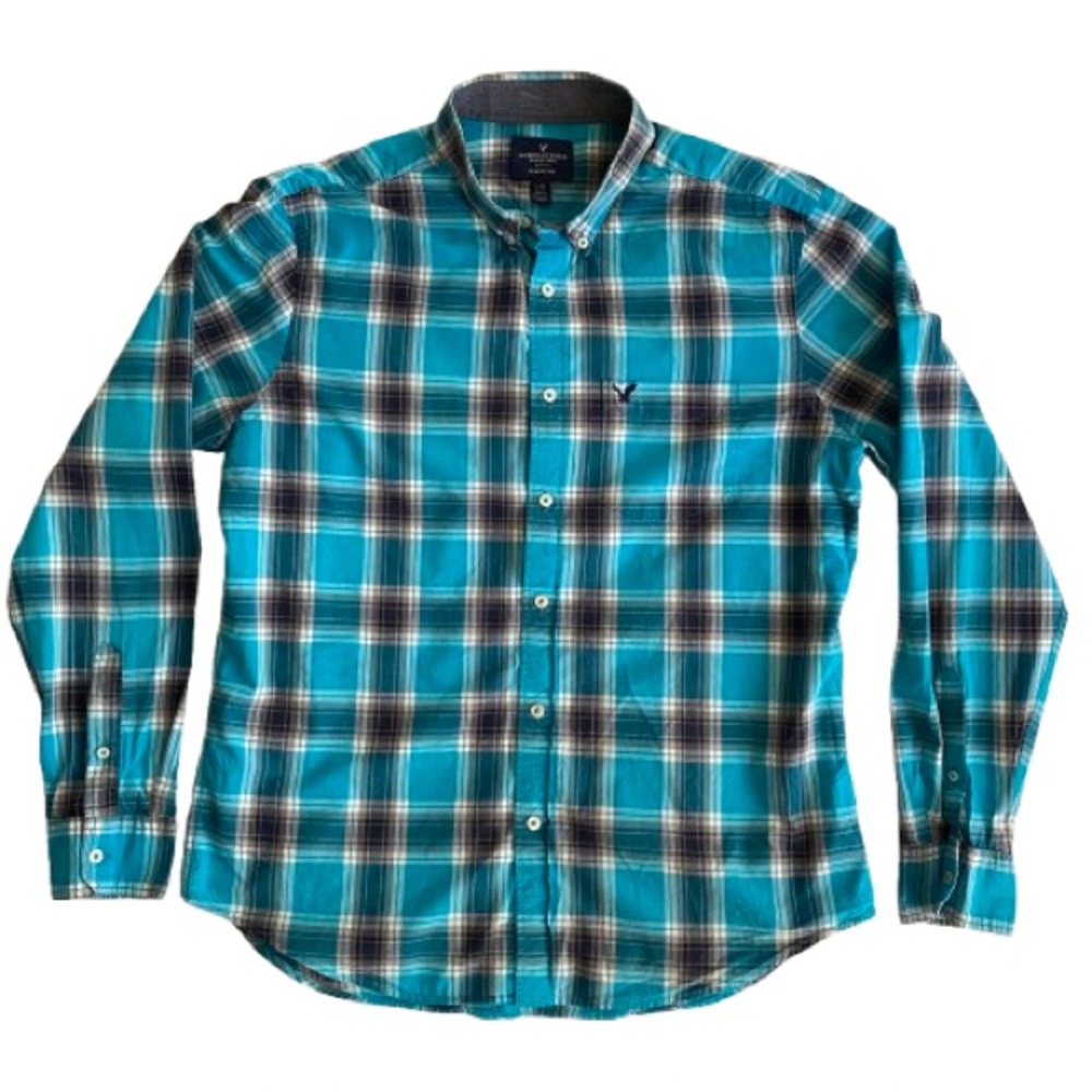 American Eagle Outfitters Men's Teal & Gray Plaid Shirt Size L 100% Cotton
